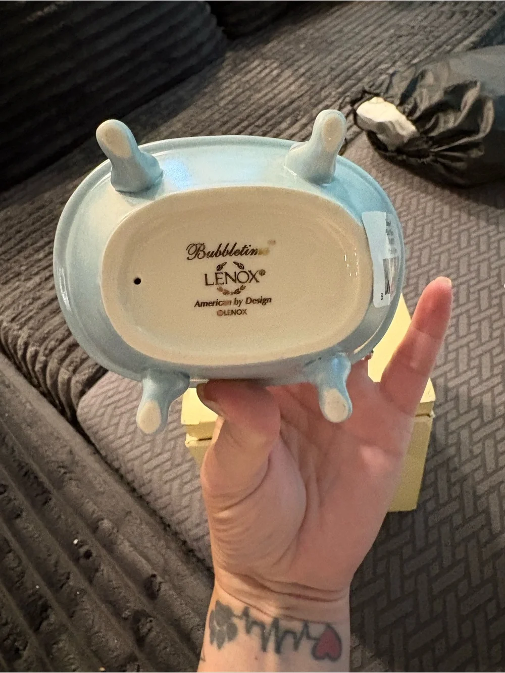 Lenox White Pig in Light Blue Tub with Gold Accents Figurine